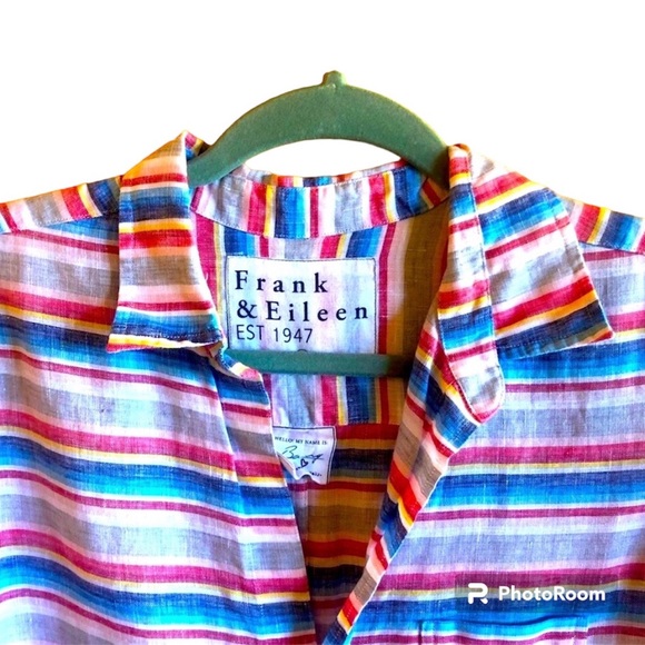 Frank & Eileen Oversized Linen Rainbow Striped Button Down Long Sleeved Shirt - Picture 2 of 5